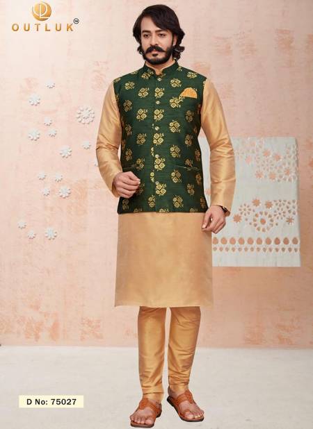 Green And Golden Colour Outluk Vol 75 Latest Designer Festive Wear Kurta Pajama With Jacket Collection 75027